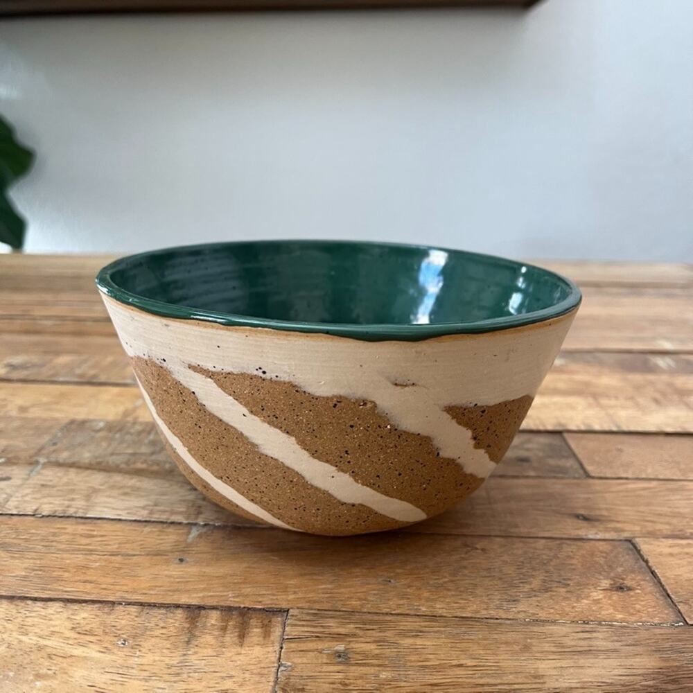 Studio Stoneware Pottery Bowl 6.5" Matte Brown Earth Tone Glossy Green Interior